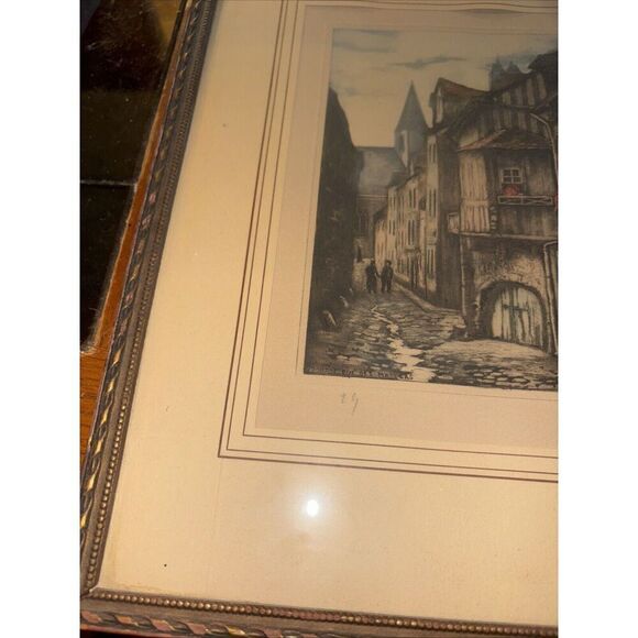 Antique Framed Signed Print SAINT-VIVIEN VU DE LA RUE DU MATELAS Rouen France - Picture 2 of 11